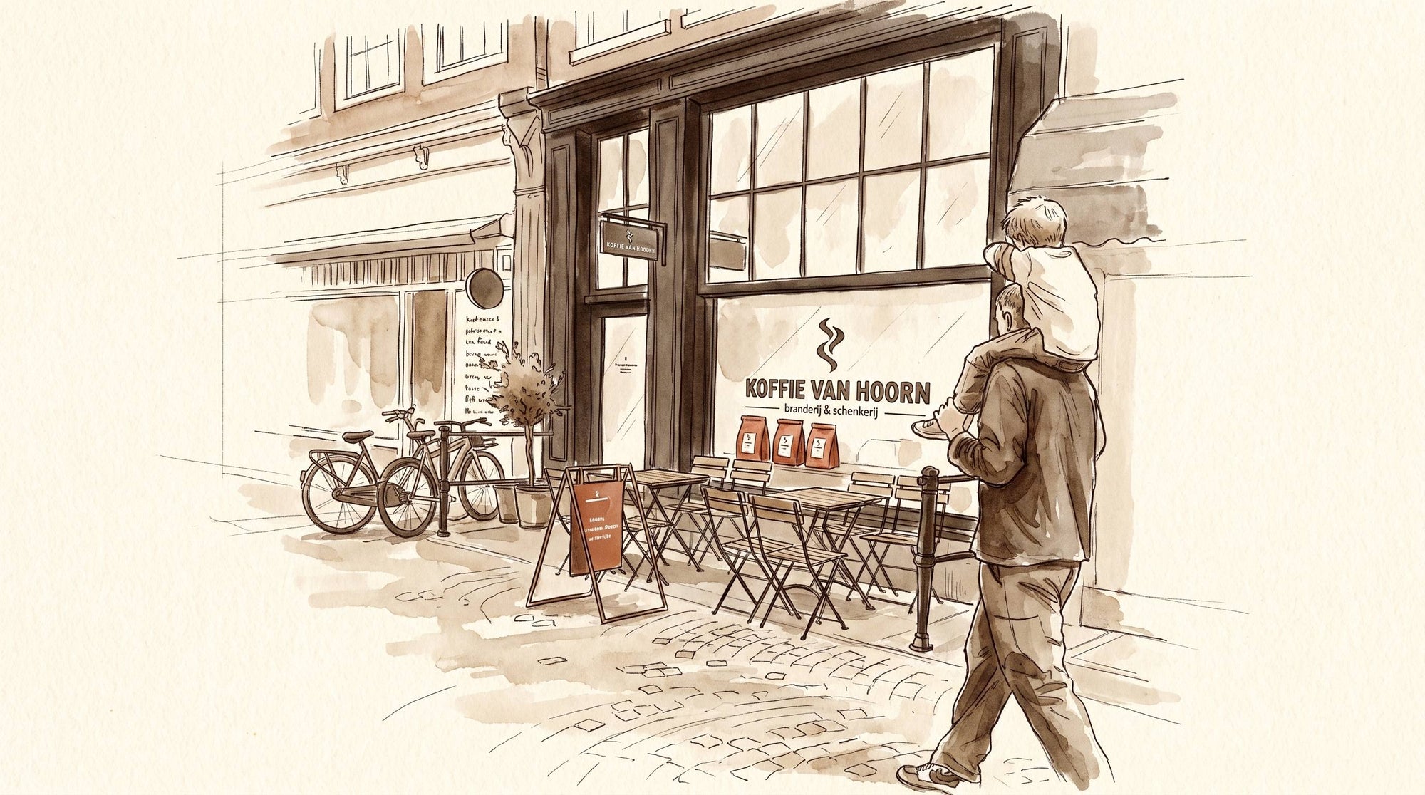 De winkel van Koffie van Hoorn, getekend
